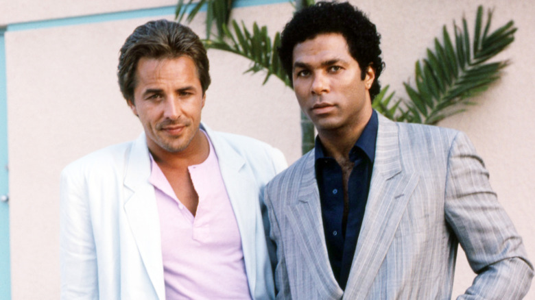 American actors Don Johnson and Philip Michael Thomas, as detectives James 'Sonny' Crockett and Ricardo Tubbs, in a promotional portrait for the TV series 'Miami Vice', circa 1985.