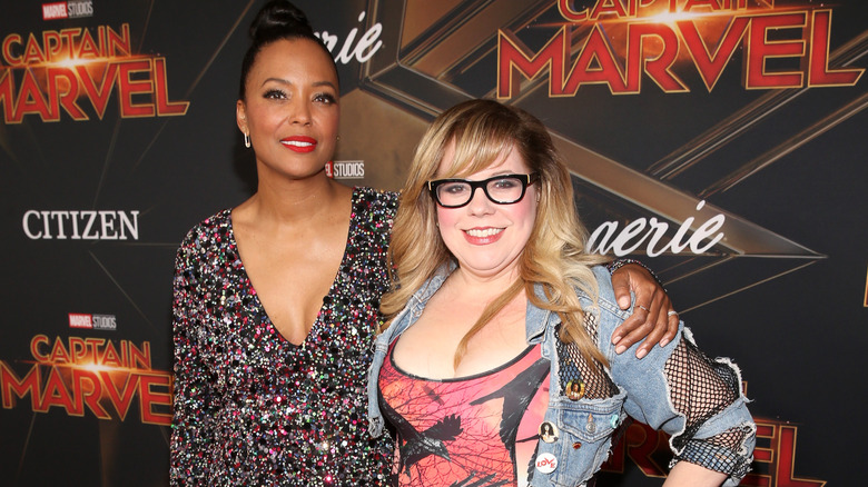 Kirsten Vangsness and Aisha Tyler on "Captain Marvel" red carpet