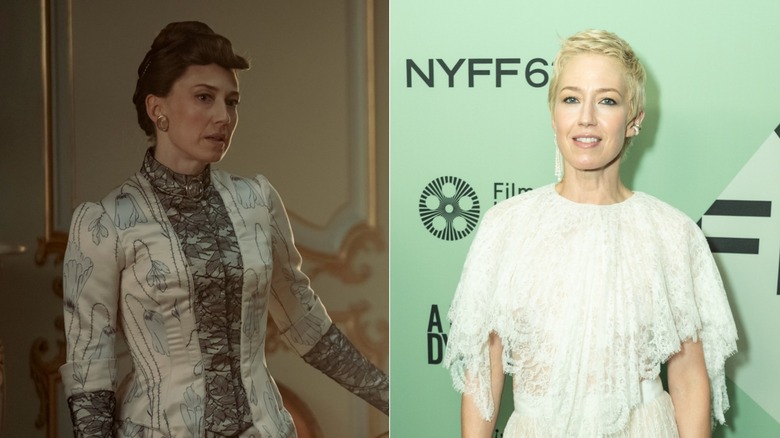 Split image of Carrie Coon in the Gilded Age and on a red carpet