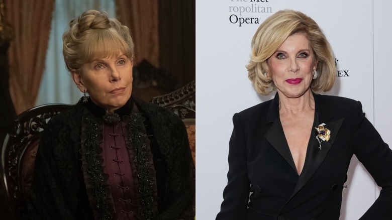 Split image of Christine Baranski in The Gilded Age and at an event