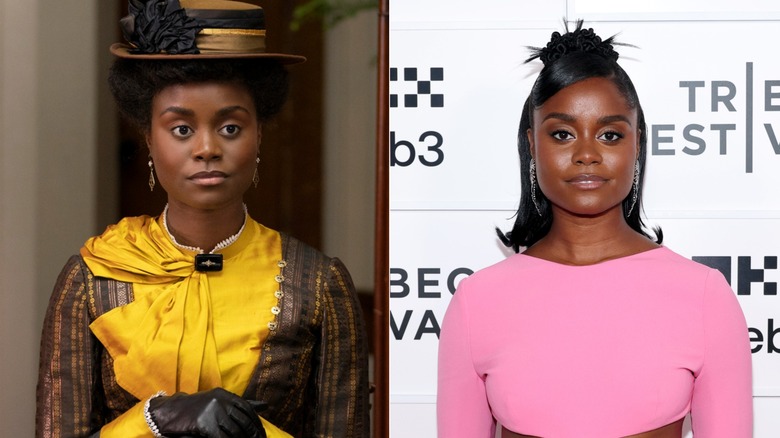 Split image of Denée Benton in The Gilded Age and at an event