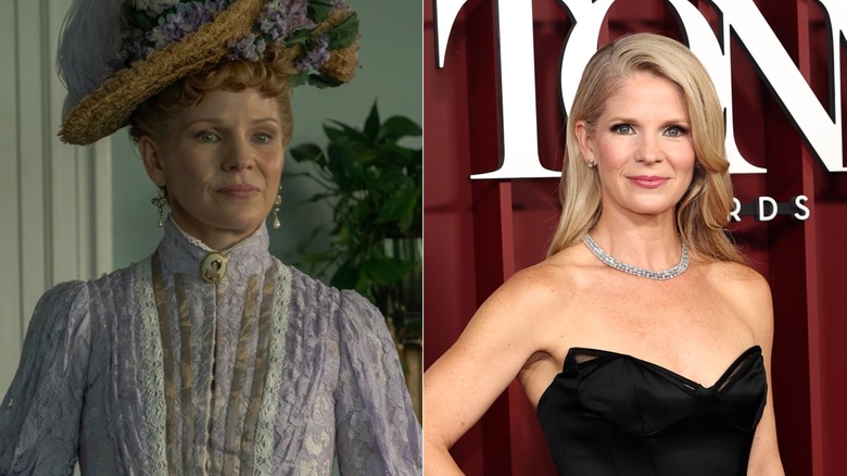 Split image of Kelli O'Hara in The Gilded Age and at the Tonys