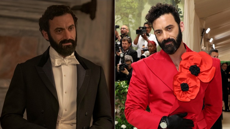 Split image of Morgan Spector in The Gilded Age and on a red carpet