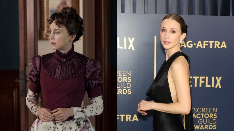 Split image of Taissa Farmiga in The Gilded Age and on a red carpet