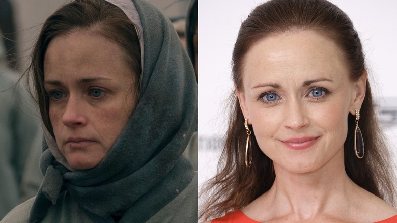 A split image of Alexis Bledel as Emily in The Handmaid's Tale and on a red carpet in real life