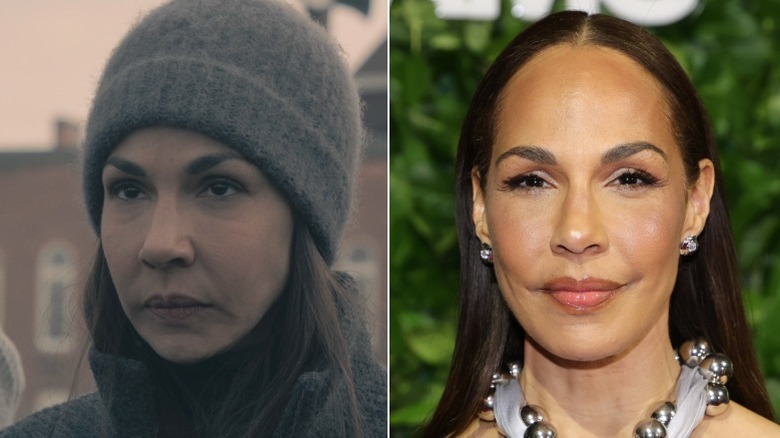 A split image of Amanda Brugel as Rita in The Handmaid's Tale and on a red carpet in real life