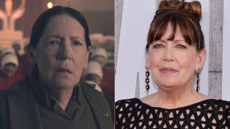 A split image of Ann Dowd as Aunt Lydia in The Handmaid's Tale and on a red carpet in real life