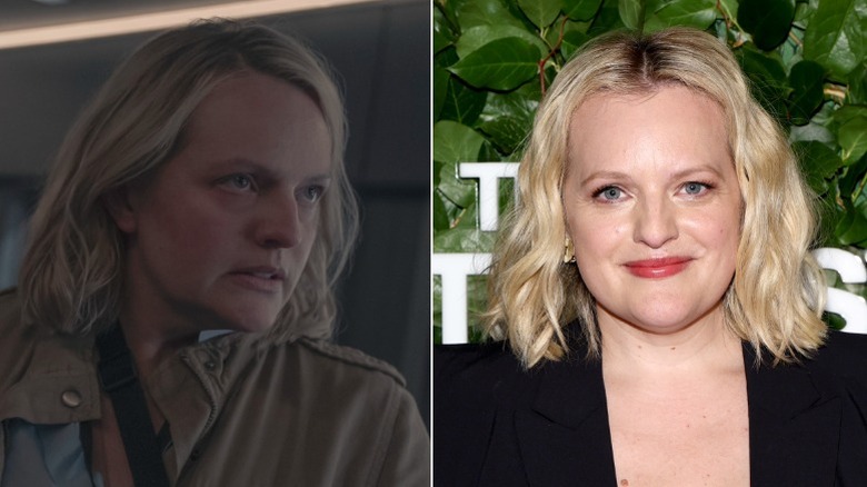 A split image of Elisabeth Moss as June in The Handmaid's Tale and on a red carpet in real life