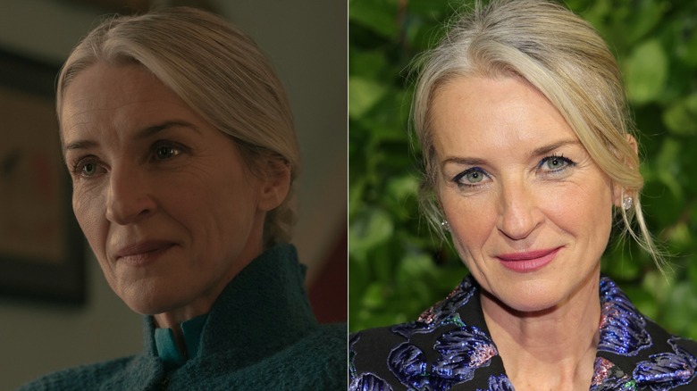 A split image of Ever Carradine as Naomi in The Handmaid's Tale and on a red carpet in real life