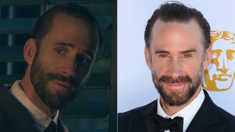 A split image of Joseph Fiennes as Commander Waterford in The Handmaid's Tale and on a red carpet in real life