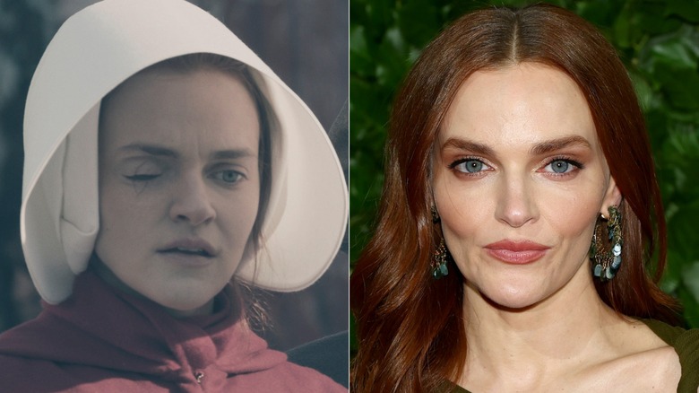 A split image of Madeline Brewer as Janine in The Handmaid's Tale and on a red carpet in real life