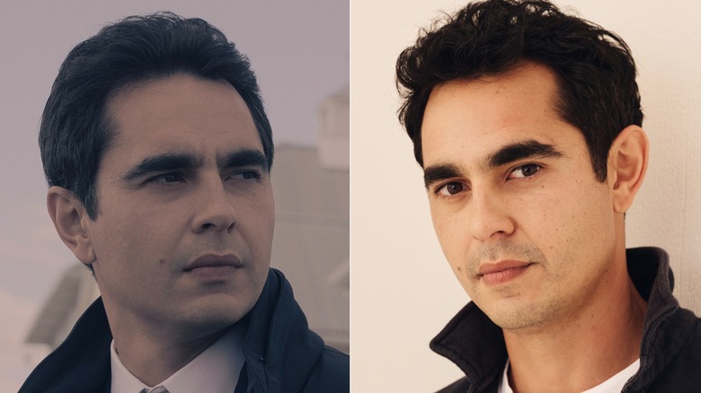 A split image of Max Minghella as Nick in The Handmaid's Tale and on a red carpet in real life