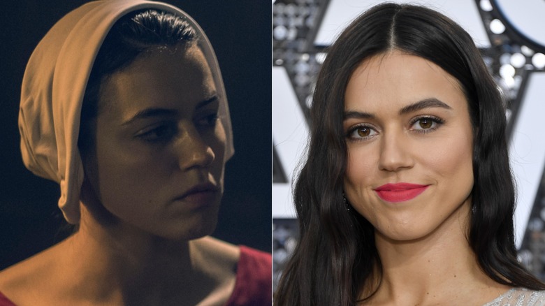 A split image of Nina Kiri as Alma on in The Handmaid's Tale and on a red carpet in real life