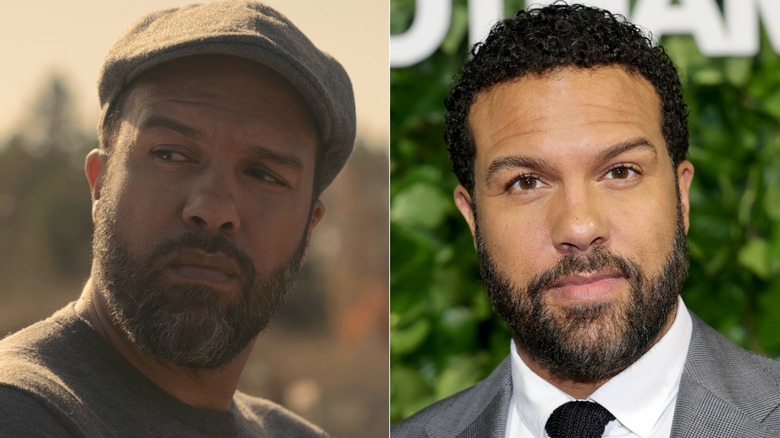 A split image of O-T Fagbenle as Luke in The Handmaid's Tale and on a red carpet in real life