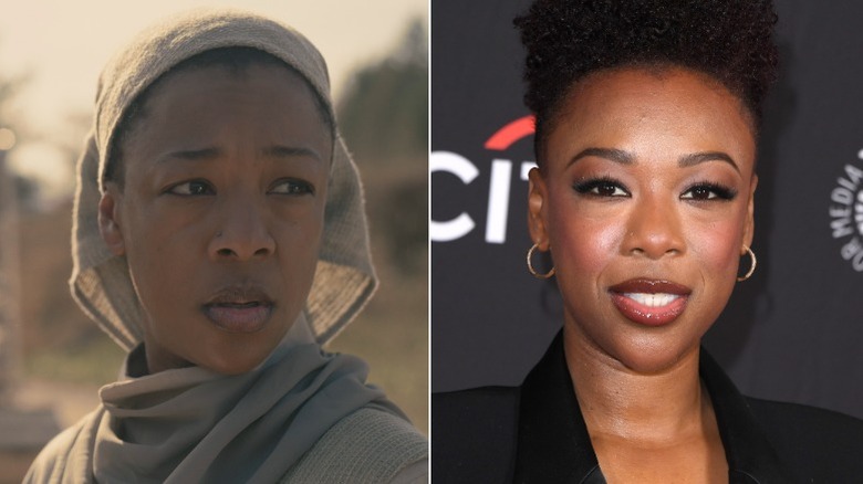 A split image of Samira Wiley as Moira in The Handmaid's Tale and on a red carpet in real life