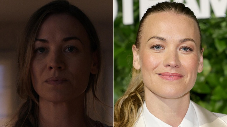 A split image of Yvonne Strahovski as Serena. in The Handmaid's Tale and on a red carpet in real life
