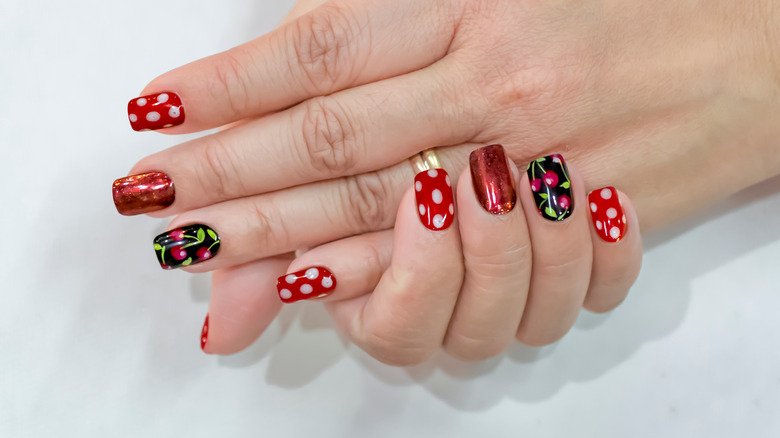 colorful cherry and polka dot nails