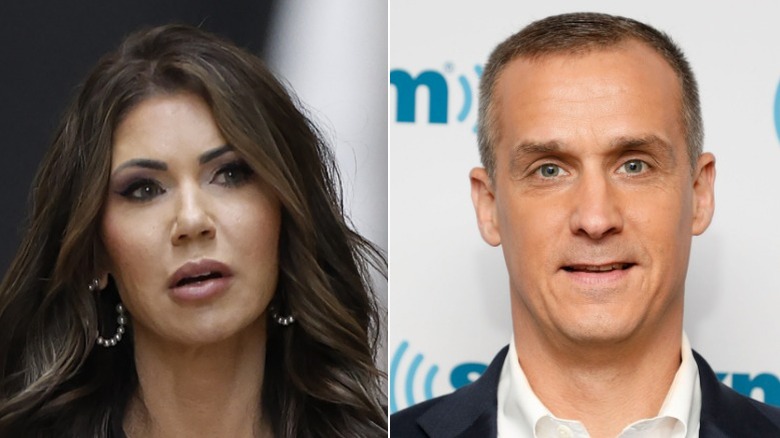 A split image of Corey Lewandowski and Kristi Noem talking