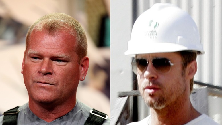 Split image of Mike Holmes and Brad Pitt wearing a hardhat