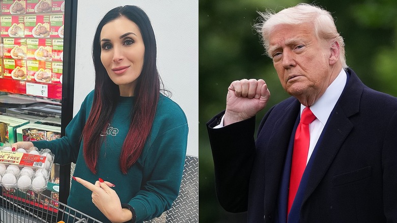Laura Loomer pointing at eggs/Donald Trump raising fist