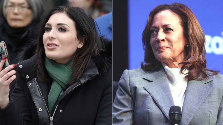 Laura Loomer with cell phone/Kamala Harris gray suit at podium