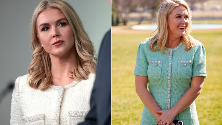 Split image of Karoline Leavitt in white jacket & mint dress