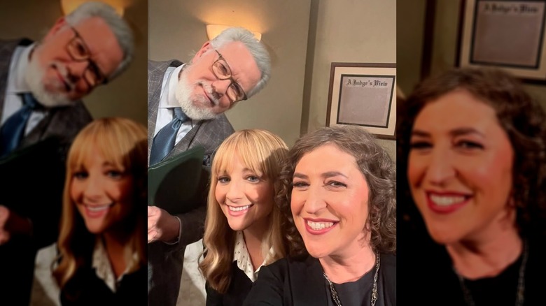 John Larroquette, Melissa Rauch, and Mayim Bialik pose for a selfie on the set of Night Court