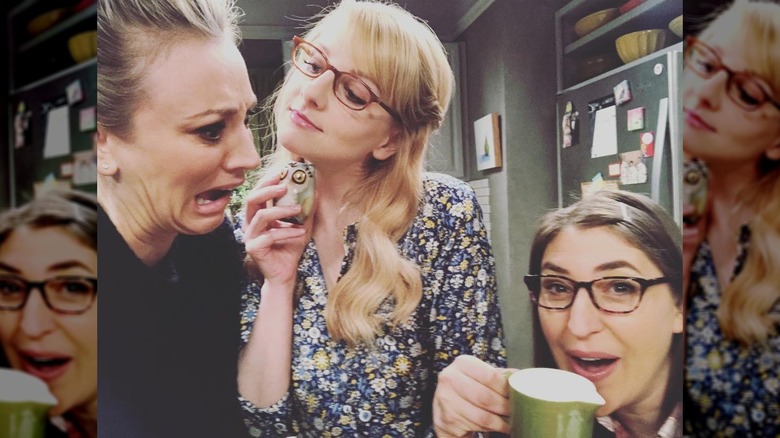 Kaley Cuoco, Melissa Rauch, and Mayim Bialik playing around on set