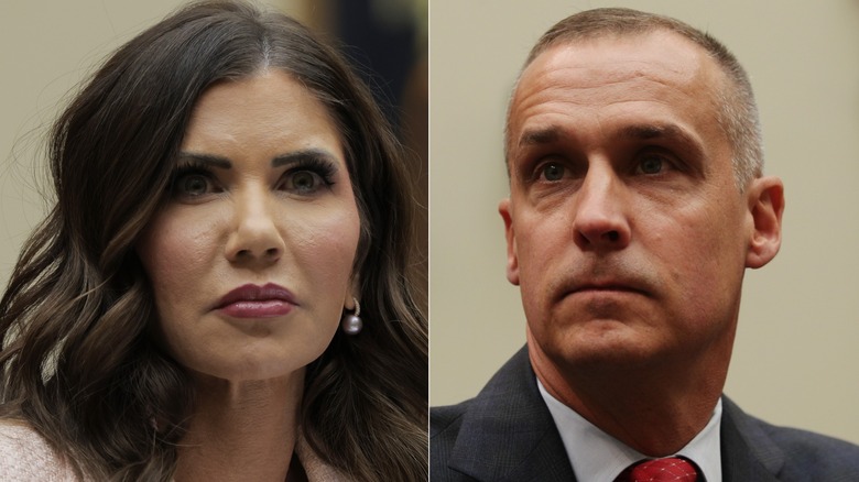 Side-by-side image of Kristi Noem and Corey Lewandowski looking serious