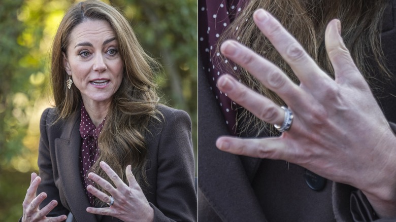 Kate Middleton at an event in Southport in 2024 & a close up of Kate Middleton's ring finger