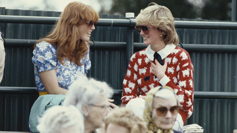 Sarah Ferguson chatting with Princess Diana at the Guard's Polo club