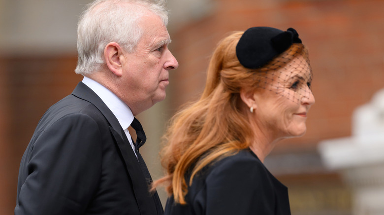 Prince Andrew and Sarah Ferguson at the Duchess of Kent's funeral in 2025
