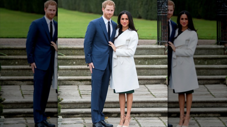 Prince Harry and actress Meghan Markle during an official photocall to announce their engagement at The Sunken Gardens at Kensington Palace on November 27, 2017 in London, England.