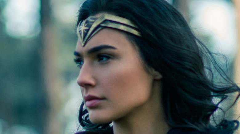 A thoughtful looking Gal Gadot in character as Wonder Woman