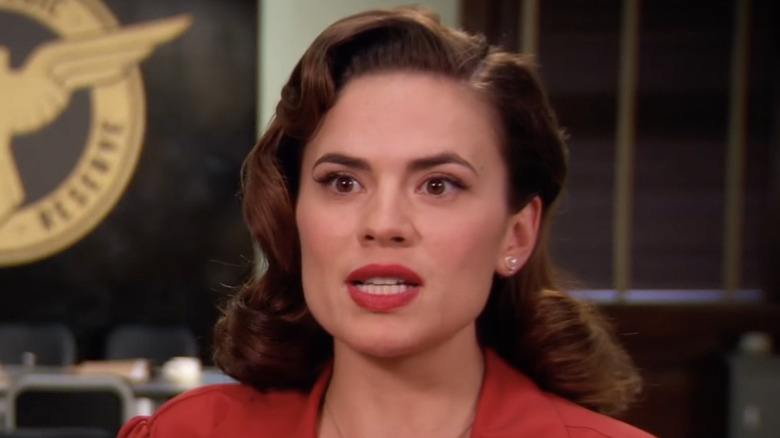 Hayley Atwell in character as Agent Carter wearing her signature lipstick