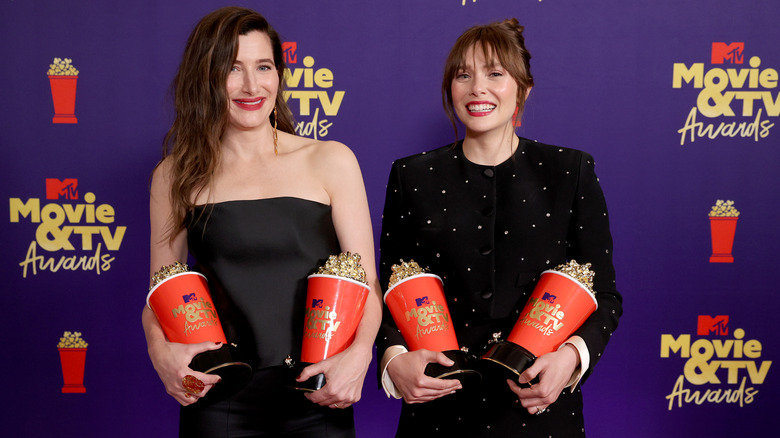 Kathryn Hahn and Elizabeth Olsen pose with their MTV awards