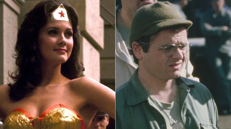 Split image showing Lynda Carter as Wonder Woman and Gary Burghoff as Radar.