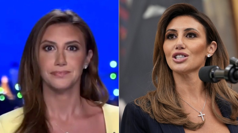 Split image of Alina Habba in an Instagram clip in a yellow jacket, and again later speaking to an audience in a black jacket