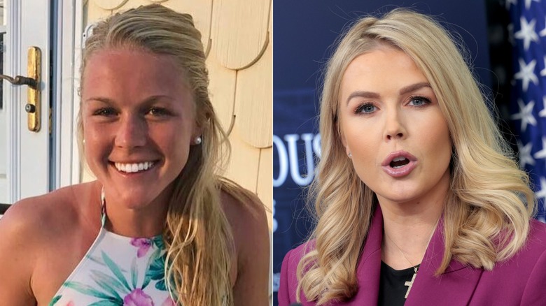 Split image of Karoline Leavitt in an Instagram photo and later in a press briefing at the White House wearing a purple jacket