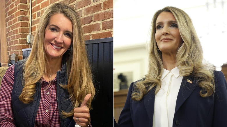 Split image of Kelly Loeffler in a vest smiling at the camera and Loeffler being sworn in wearing a white blouse and dark blazer