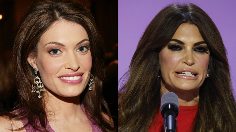 Split image of Kimberly Guilfoyle in an early picture, wearing a purple dress, then later speaking at a podium in a red jacket