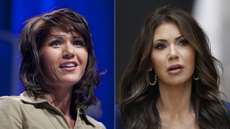 Split image of Kristi Noem at a CPAC convention in a green shirt, and later, walking in a blue dress looking away from the camera