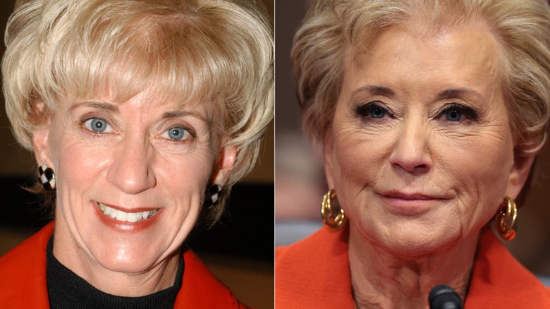 Split image of Linda McMahon in 2003 in a red blazer and again in 2025 with gold earrings and an orange blazer