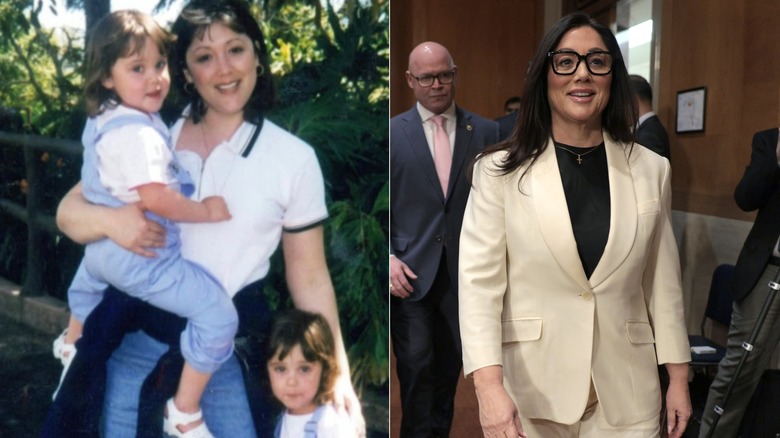 Split image of Lori Chavez-DeRemer in an Instagram photo with her children and again in 2025 in a white suit and black glasses