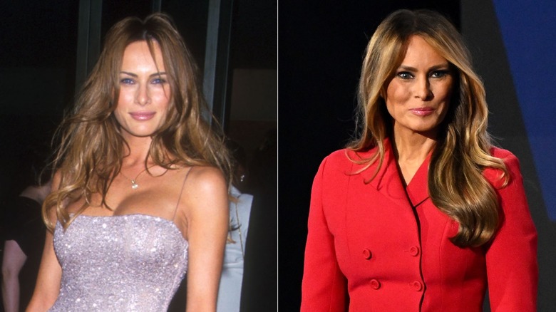 Split image of Melania Trump at an event in a pink sparkly dress smiling at the camera, and later in a red suit looking away from the camera