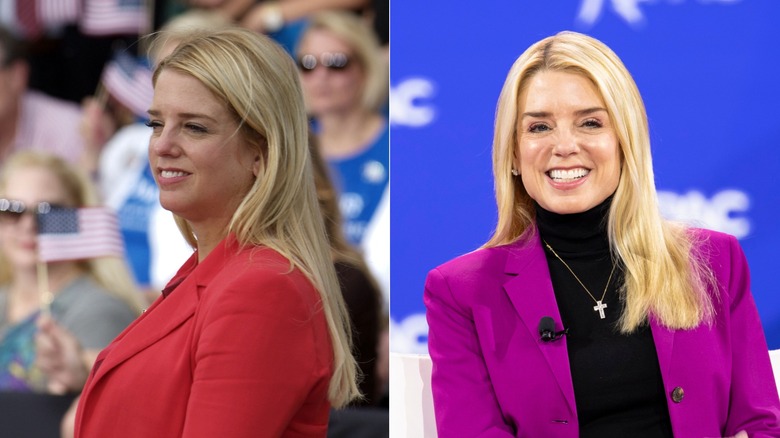 Split image of Pam Bondi in 2012 in Miami wearing a red jacket and Pam Bondi in 2025 facing the camera, smiling in a purple jacket