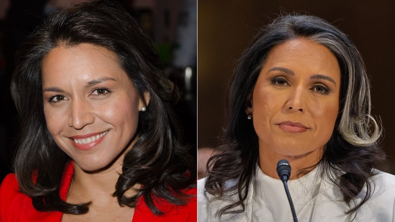 Split image of Tulsi Gabbard in 2013 at a screening in a red jacket and again in 2025 in a white blazer