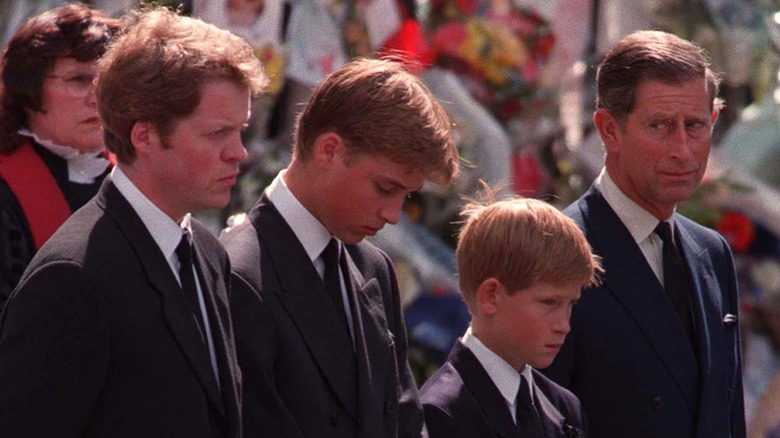 Charles Spencer, Prince William, Prince Harry, and King Charles in 1997