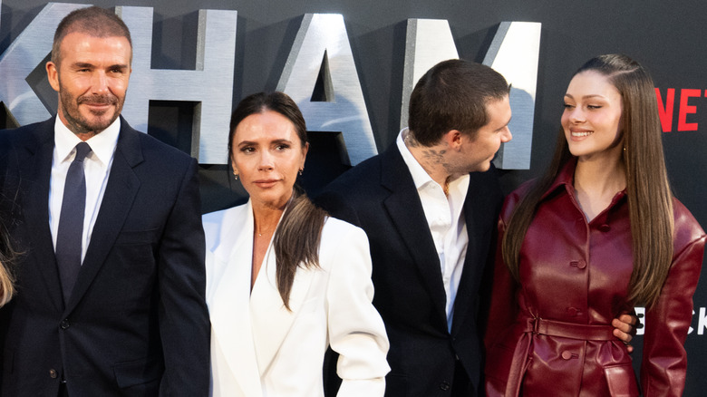 David Beckham, Victoria Beckham, Brooklyn Beckham, and Nicola Peltz at a red carpet event