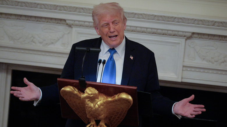 Donald Trump speaks while hosting members of the board of the Kennedy Center in the State Dining Room at the White House on May 19, 2025 in Washington, DC